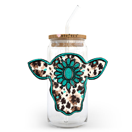 Cow Head Turquoise 20oz Libbey Glass Can, 34oz Hip Sip, 40oz Tumbler, 24oz Cold Cup UV DTF or Sublimation Decal Transfer - Weefers