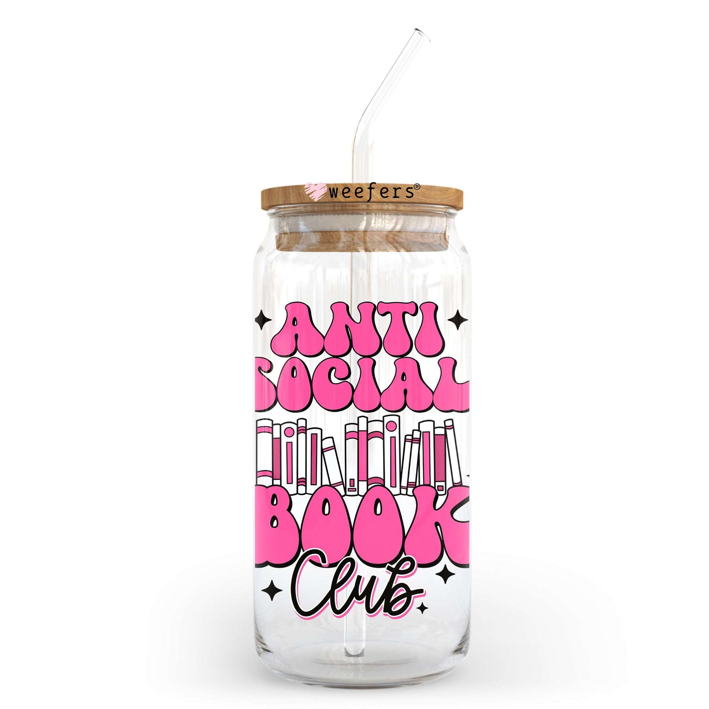 Anti Social Book Club Pink 20oz Libbey Glass Can UV DTF or Sublimation Wrap - Decal Transfer - Weefers