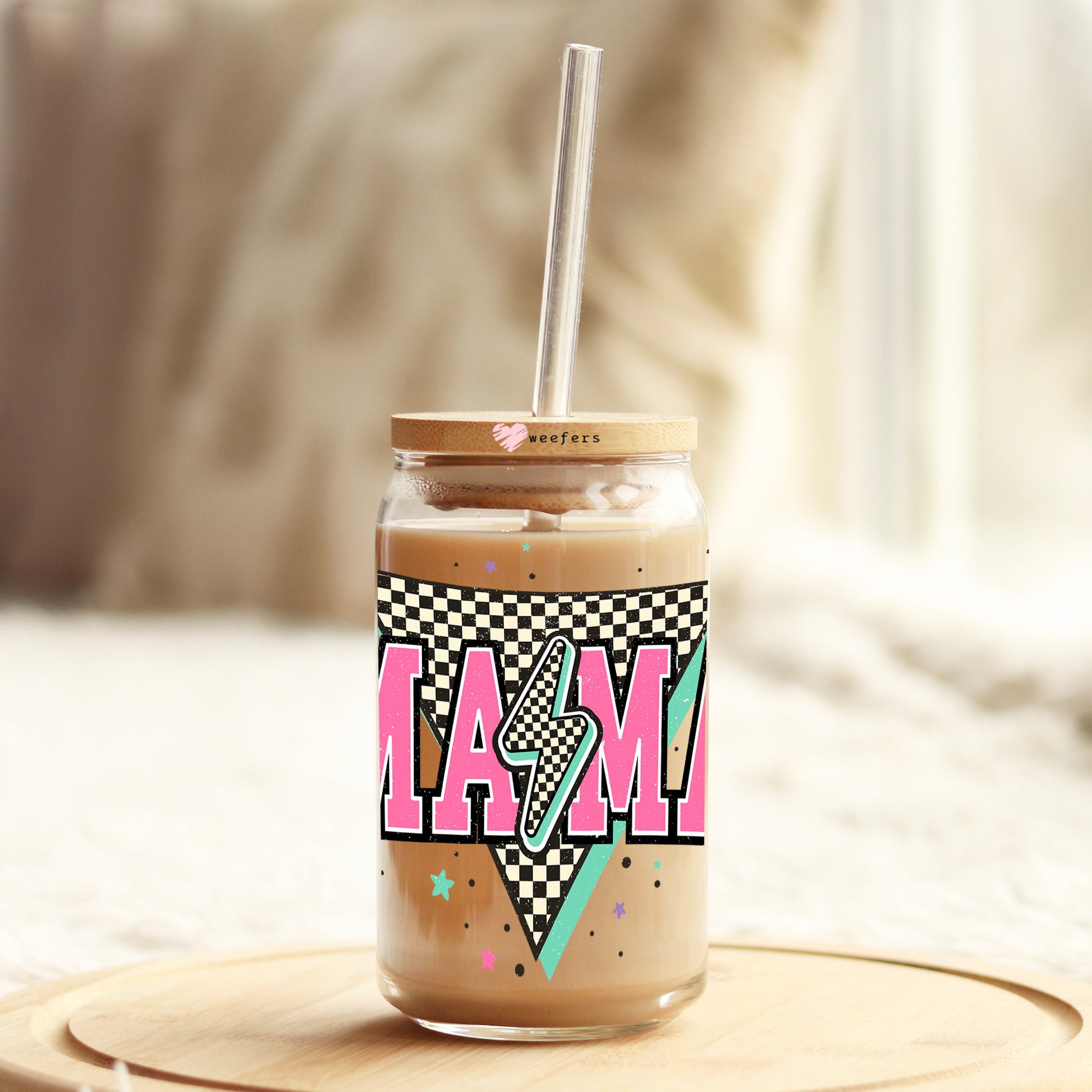 Pink Retro Checkered Mama 16oz Libbey Glass Can UV DTF or Sublimation Wrap Decal Transfer - Weefers