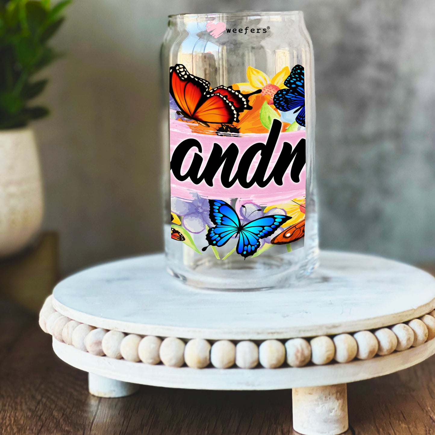 Grandma Colorful Butterflies 16oz Libbey Glass Can UV DTF or Sublimation Wrap Decal Transfer - Weefers