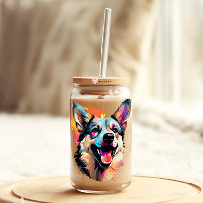 Italian Norwegian Elkhound Colorful Watercolor 16oz Libbey Glass Can UV DTF or Sublimation Wrap - Decal - Weefers