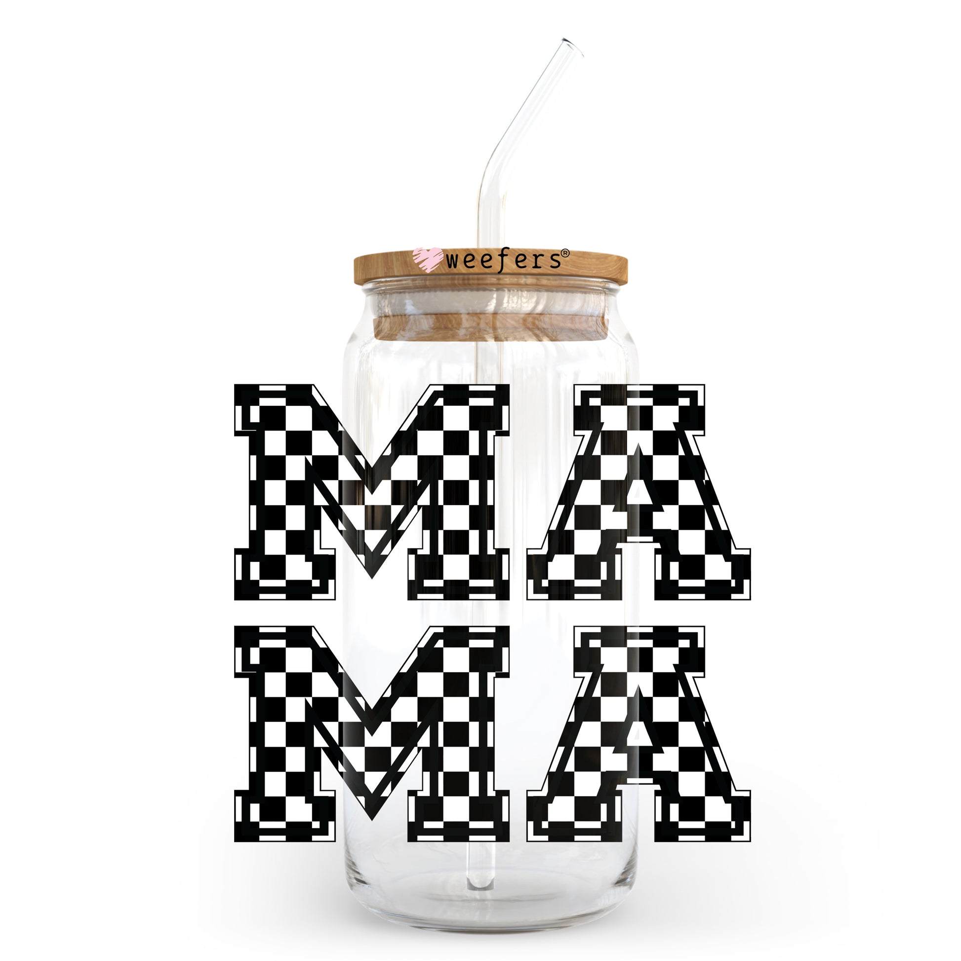 Black and White Checkered Mama Block 20oz Libbey Glass Can UV DTF or Sublimation Wrap - Decal Transfer - Weefers