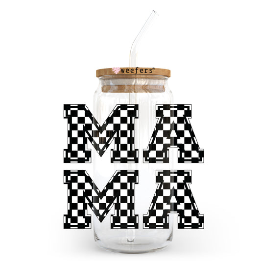 Black and White Checkered Mama Block 20oz Libbey Glass Can UV DTF or Sublimation Wrap - Decal Transfer - Weefers