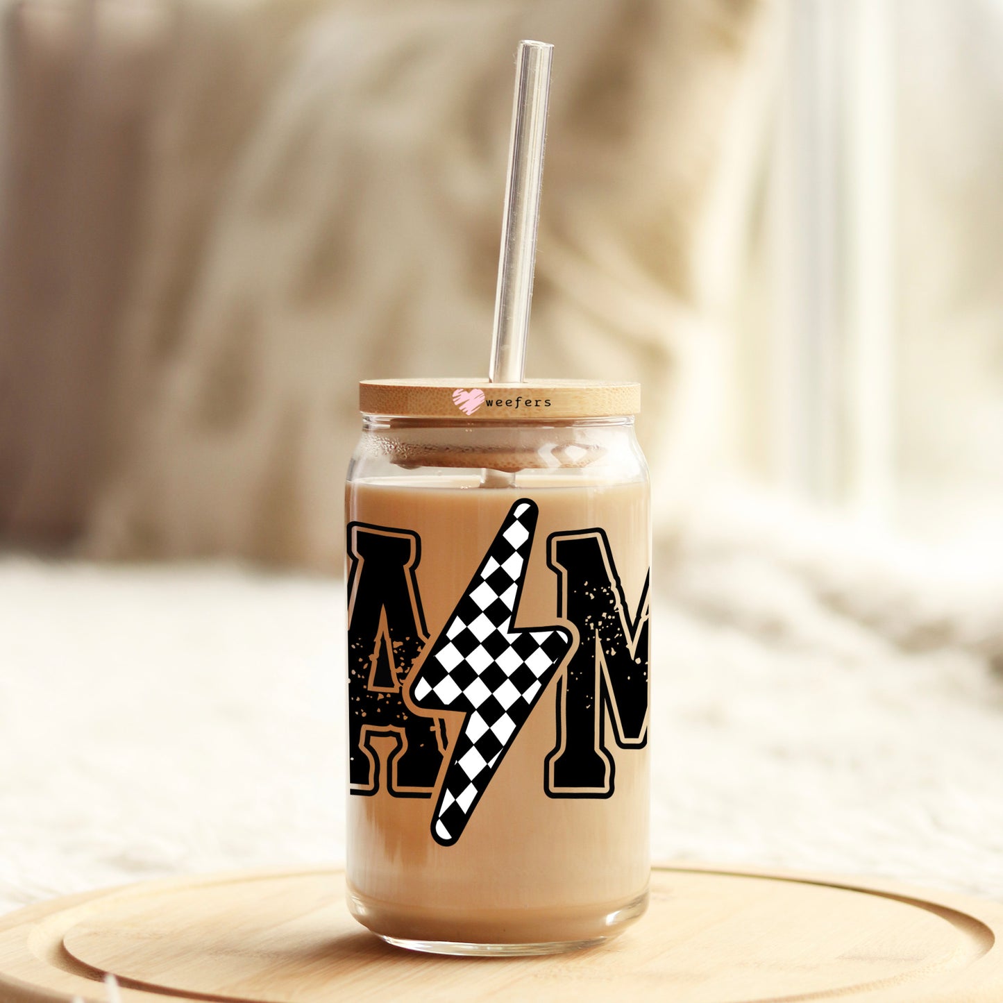 Mama Checkered Lightning Bolt 16oz Libbey Glass Can UV DTF or Sublimation Wrap Decal Transfer - Weefers