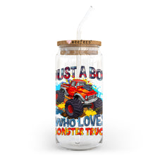 Load image into Gallery viewer, a glass jar with a straw in it that says just a bo who love monster
