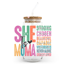 Load image into Gallery viewer, a glass jar with a straw in it that says she is a mama
