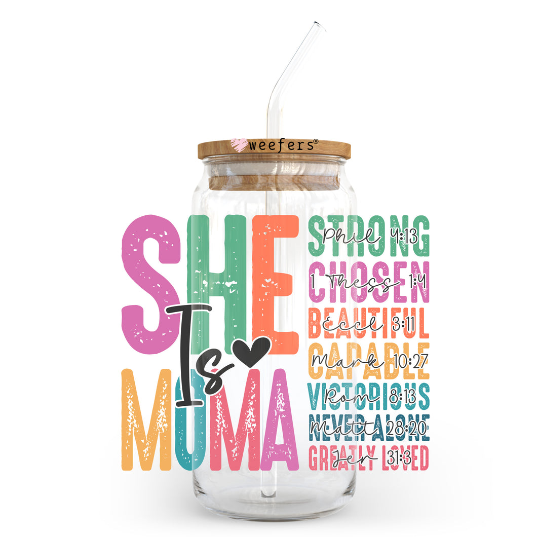 a glass jar with a straw in it that says she is a mama