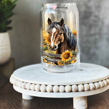 Load image into Gallery viewer, a glass jar with a picture of a horse in a field of sunflowers
