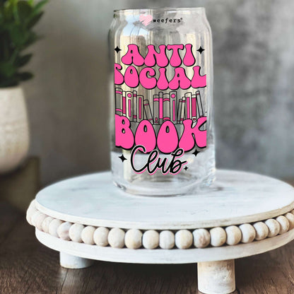 Anti Social Book Club Pink  16oz Libbey Glass Can UV DTF or Sublimation Wrap - Decal - Weefers