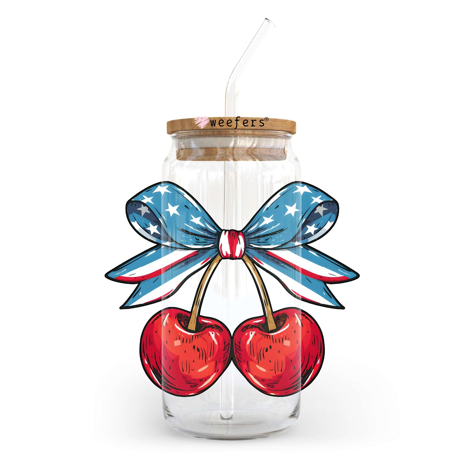 4th of July Coquette Cherry Bow 20oz Libbey Glass Can, 34oz Hip Sip, 40oz Tumbler, 24oz Cold Cup UV DTF or Sublimation Decal Transfer - Weefers