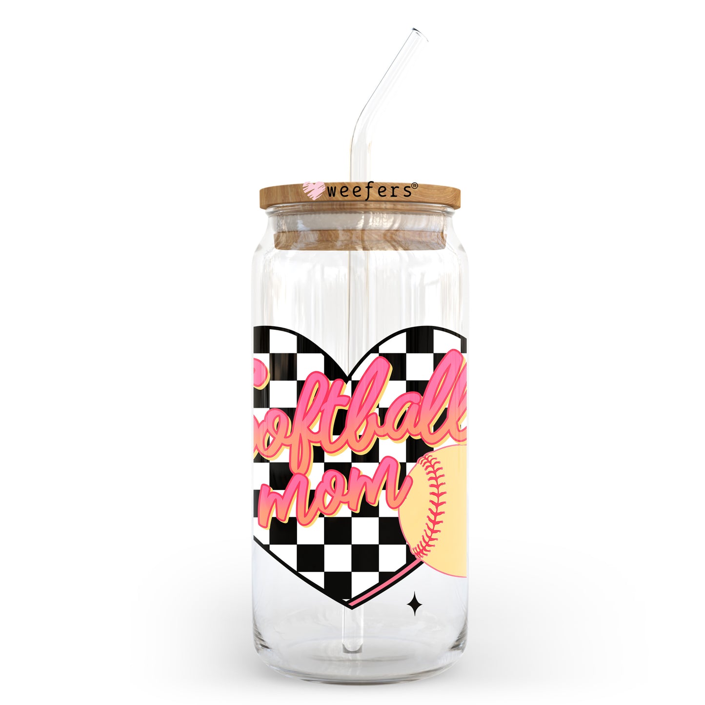 Softball Mom Heart Checkered 20oz Libbey Glass Can, 34oz Hip Sip, 40oz Tumbler, 24oz Cold Cup UV DTF or Sublimation Decal Transfer - Weefers