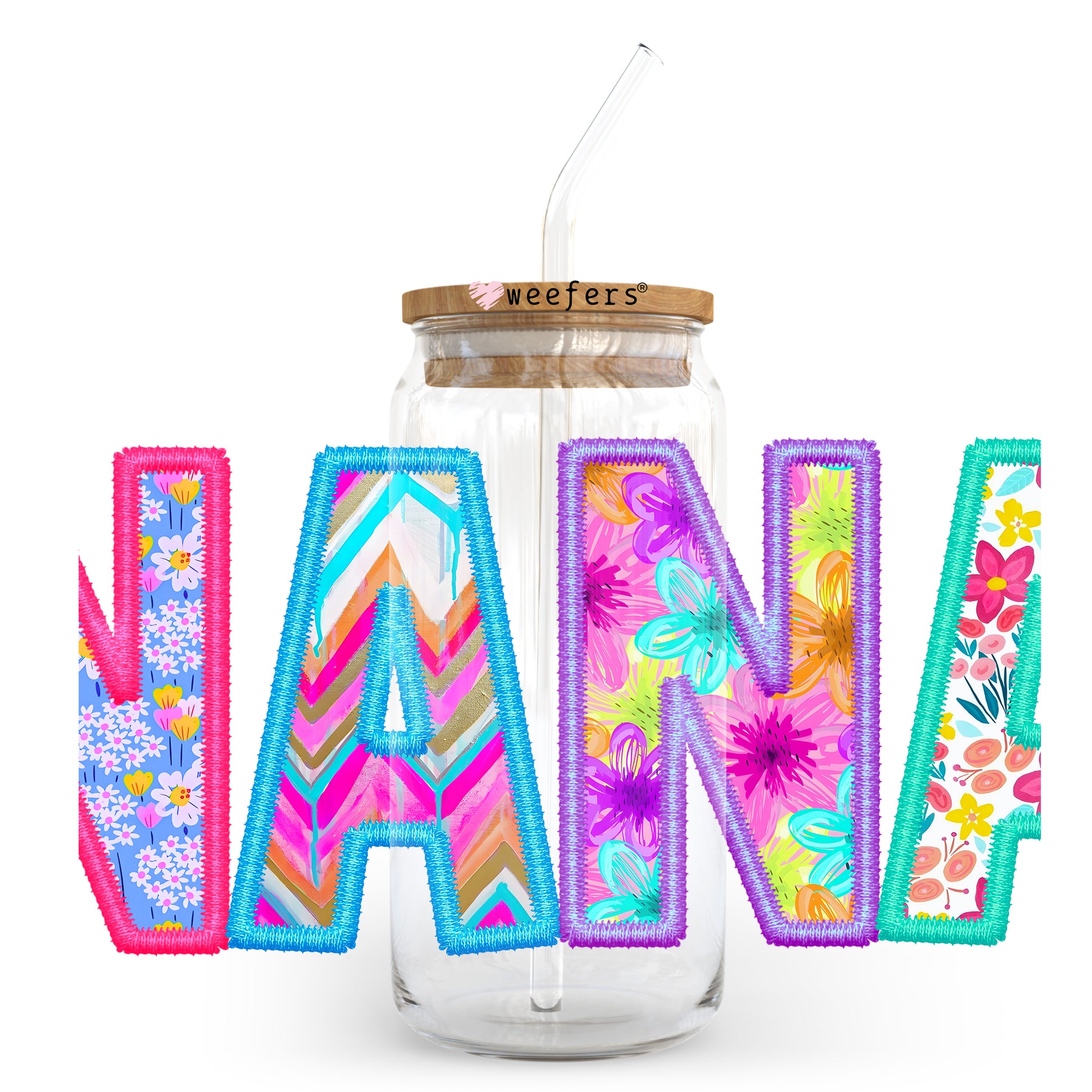 Nana Colorful Faux Embroidery 20oz Libbey Glass Can, 34oz Hip Sip UV DTF or Sublimation Decal Transfer - Weefers