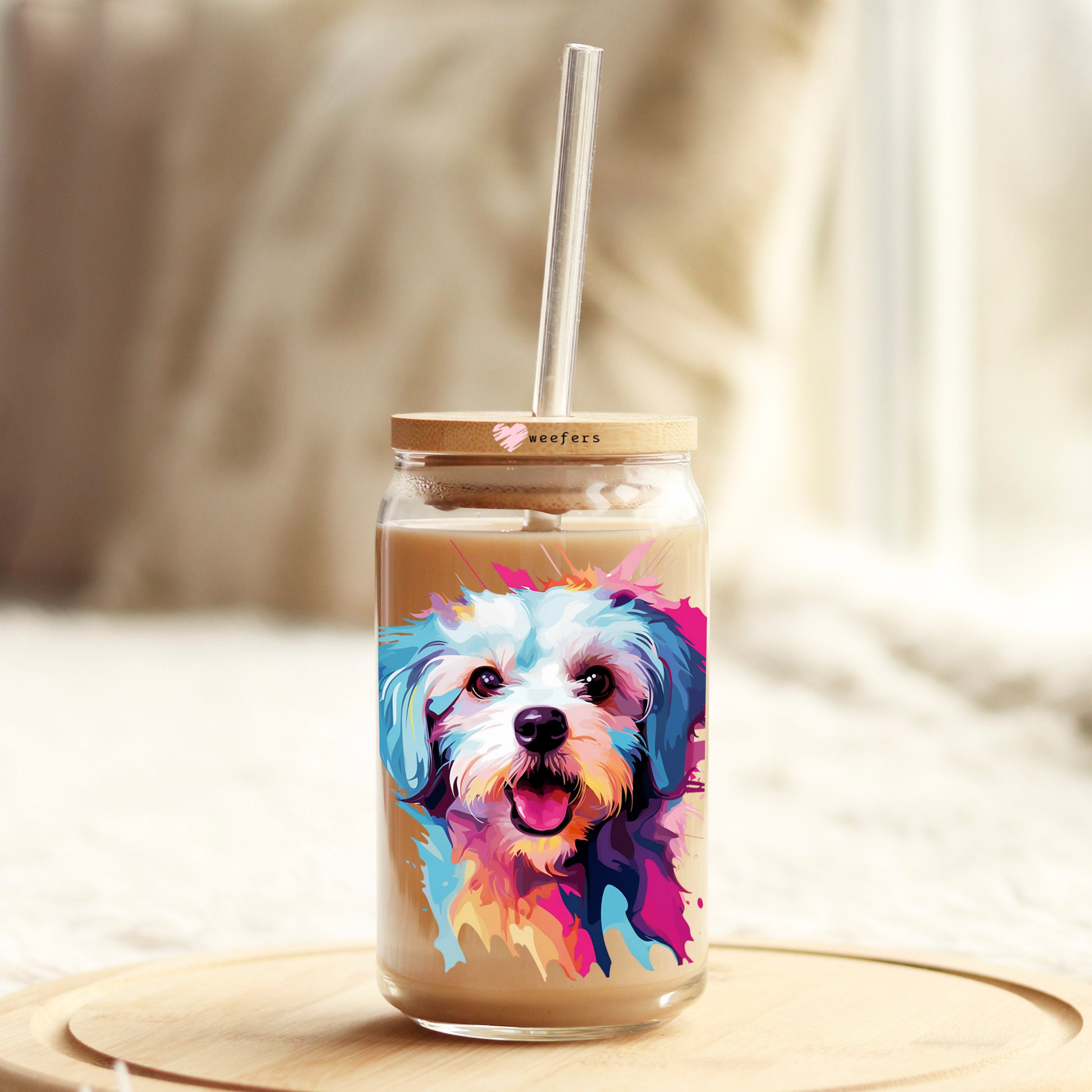 Maltese Colorful Watercolor 16oz Libbey Glass Can UV DTF or Sublimation Wrap - Decal - Weefers