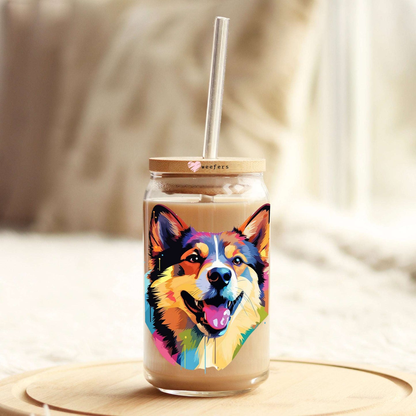 Akita Colorful Watercolor 16oz Libbey Glass Can UV DTF or Sublimation Wrap - Decal - Weefers