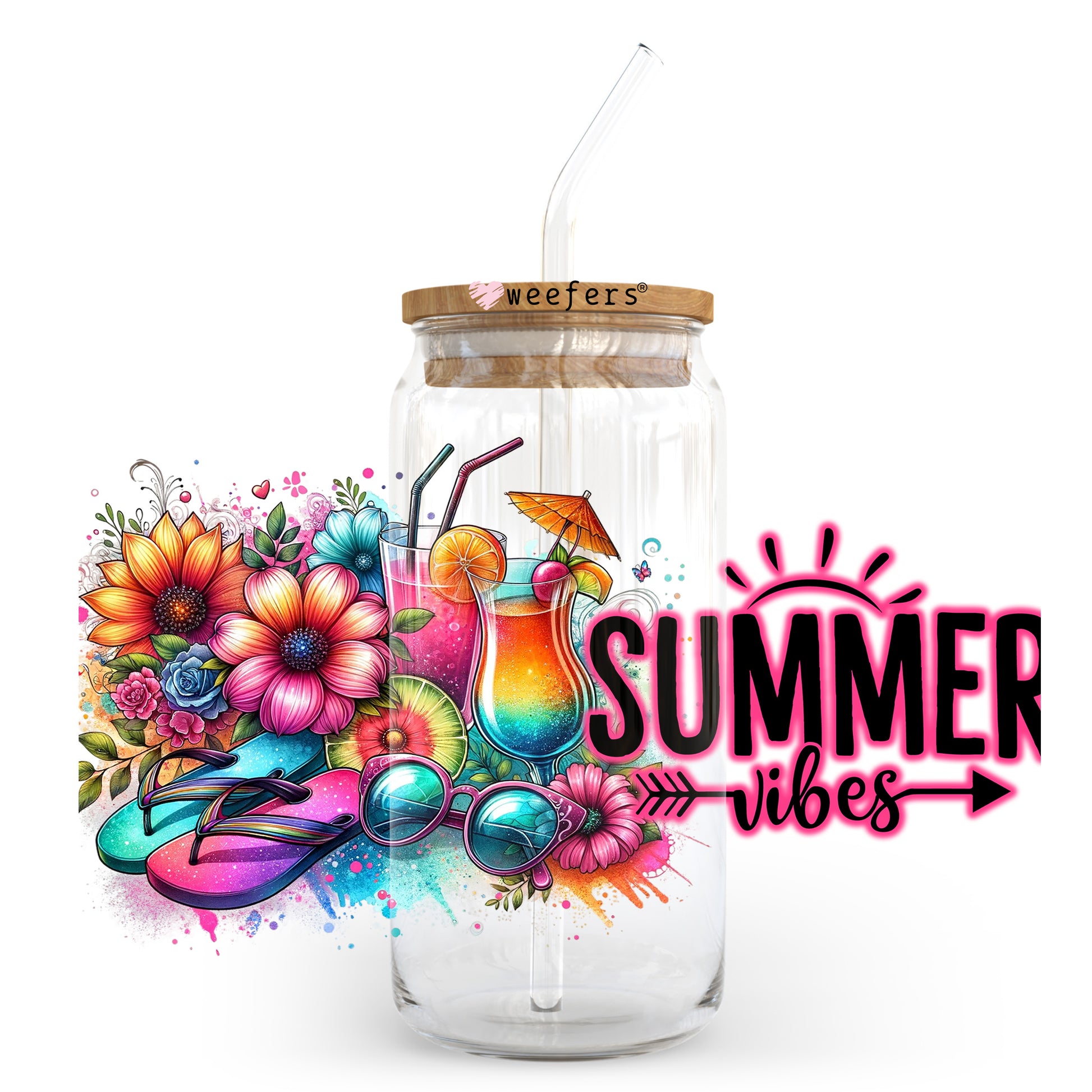 Summer Vibes Colorful Flowers 20oz Libbey Glass Can, 34oz Hip Sip, 40oz Tumbler, 24oz Cold Cup UV DTF or Sublimation Decal Transfer - Weefers