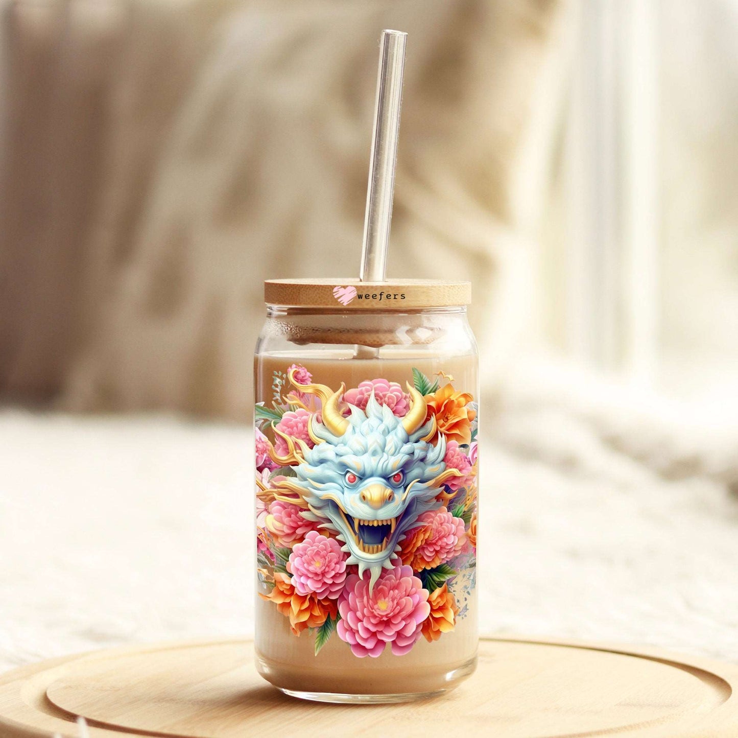 3D Dragon Floral 16oz Libbey Glass Can UV DTF or Sublimation Cup Wrap - Decal Transfer - Weefers