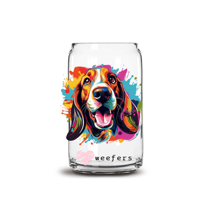 Basset Hound Colorful Watercolor 16oz Libbey Glass Can UV DTF or Sublimation Wrap - Decal - Weefers