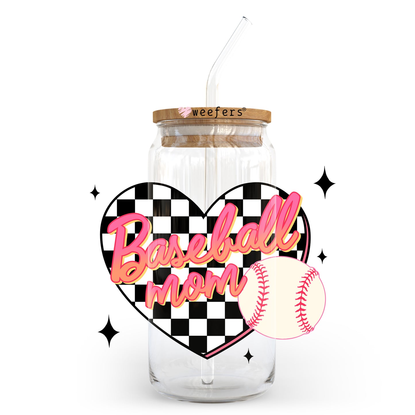 Baseball Mom Heart Checkered 20oz Libbey Glass Can, 34oz Hip Sip, 40oz Tumbler, 24oz Cold Cup UV DTF or Sublimation Decal Transfer - Weefers