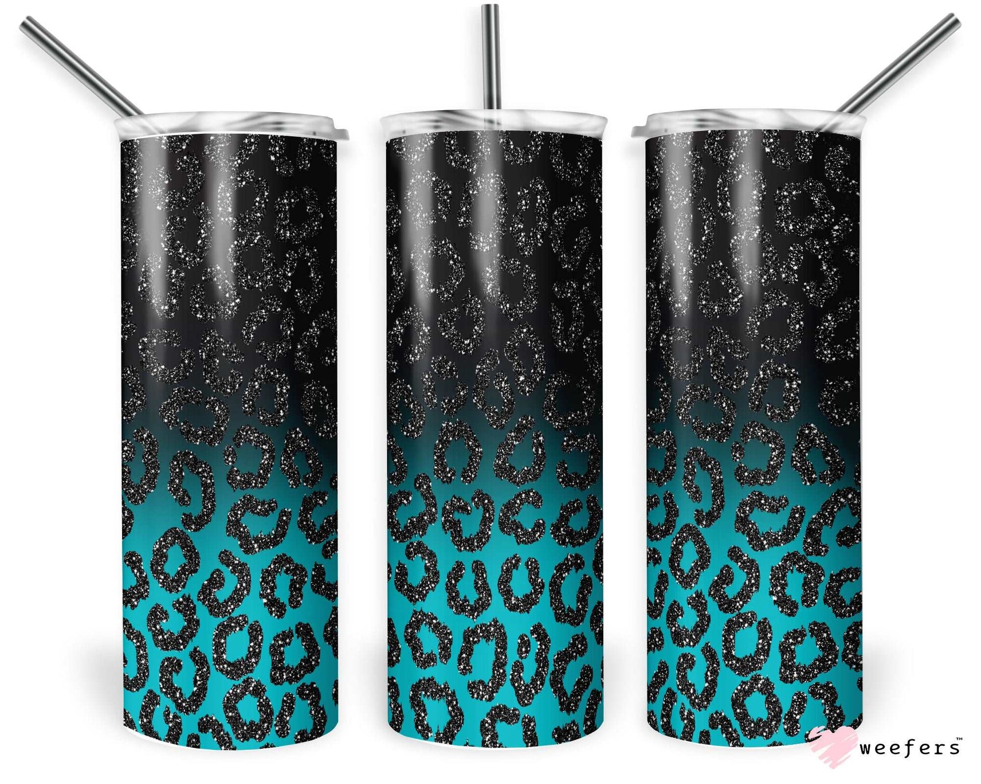 20oz Skinny Tumbler Wrap - Black Glitter Leopard and Turquoise - Weefers