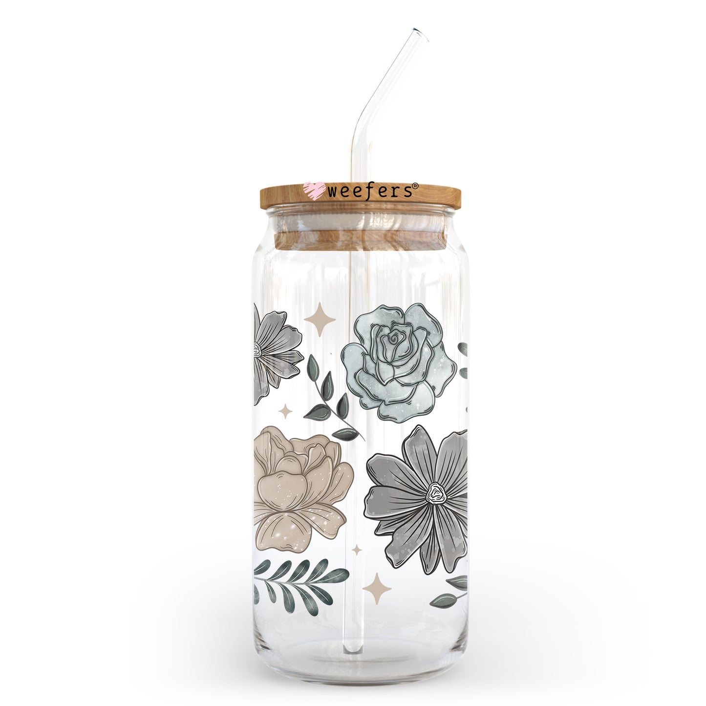 Blue And Gray Florals 20oz Libbey Glass Can, 34oz Hip Sip, 40oz Tumbler, 24oz Cold Cup UV DTF or Sublimation Decal Transfer - Weefers