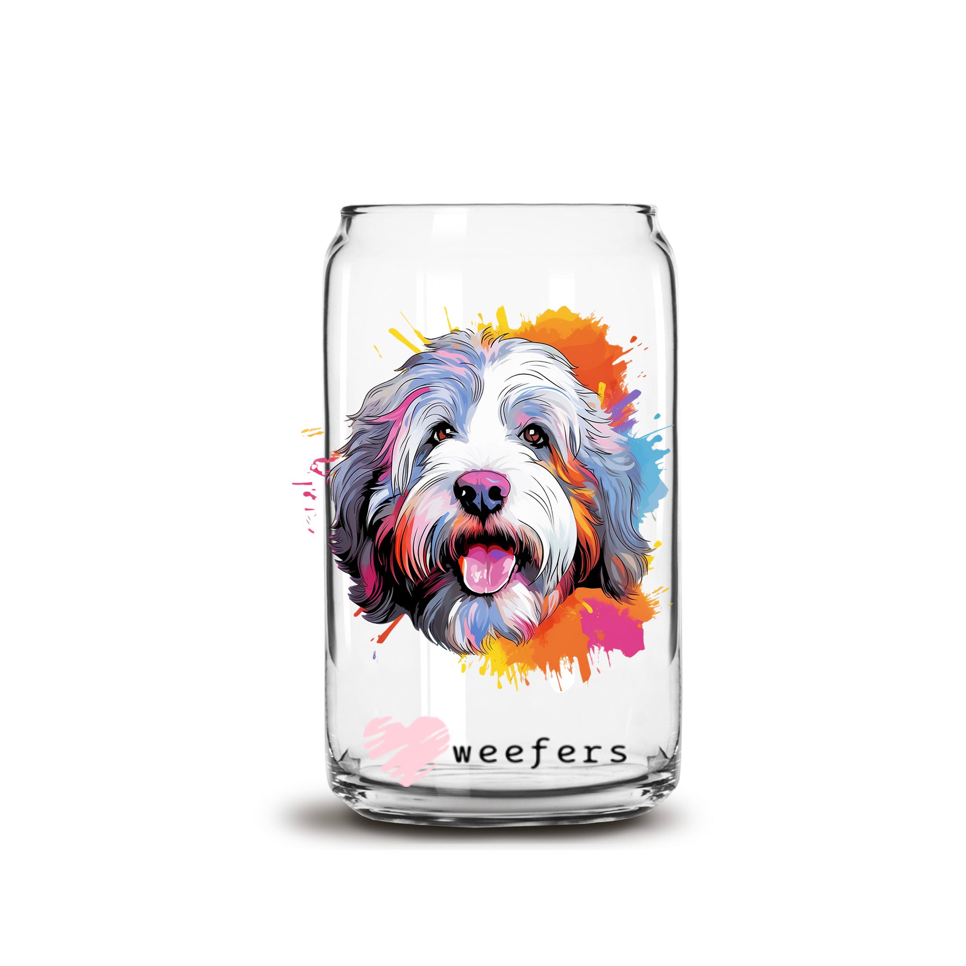 Old English Sheepdog Colorful Watercolor 16oz Libbey Glass Can UV DTF or Sublimation Wrap - Decal - Weefers