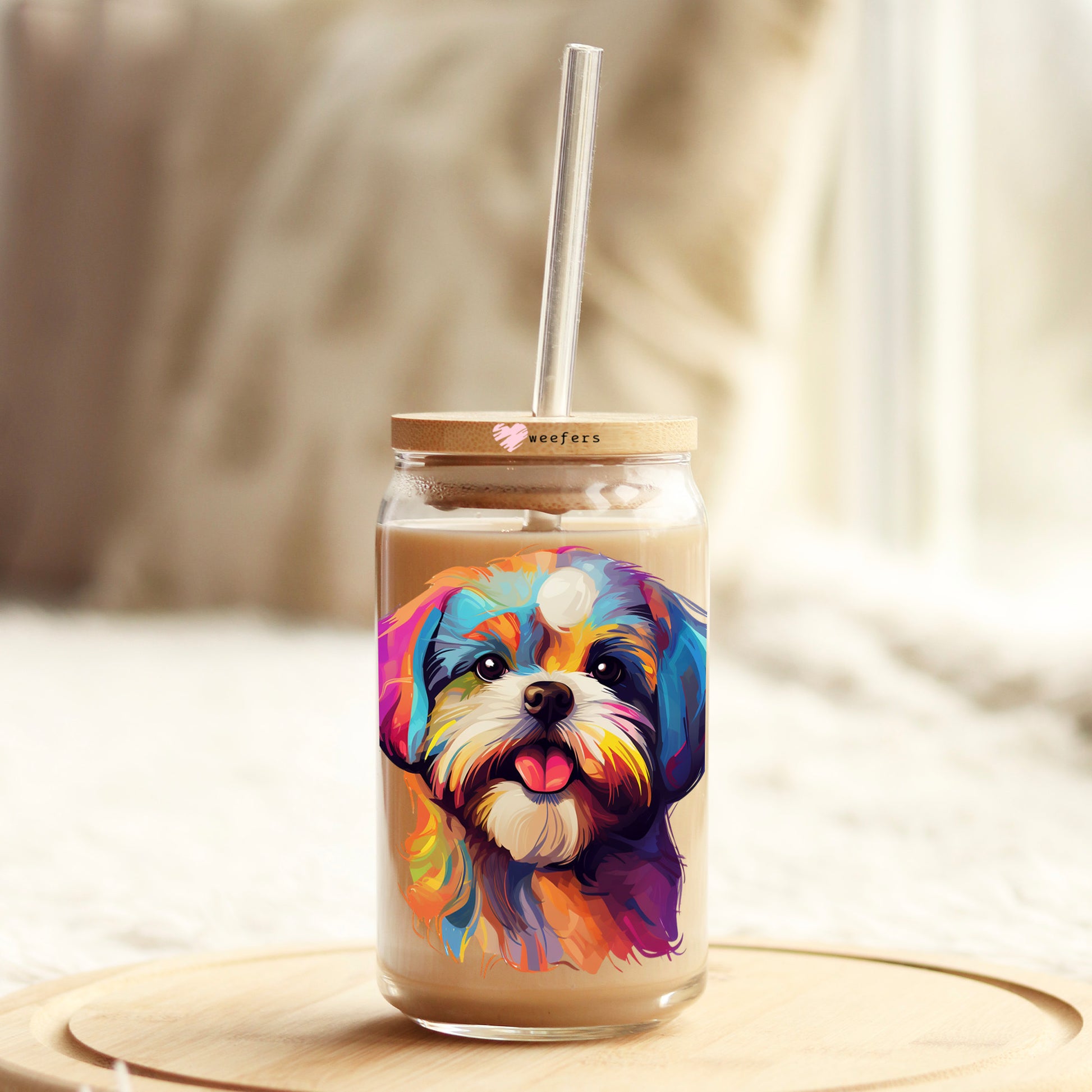 Shih Tzu Colorful Watercolor 16oz Libbey Glass Can UV DTF or Sublimation Wrap - Decal - Weefers