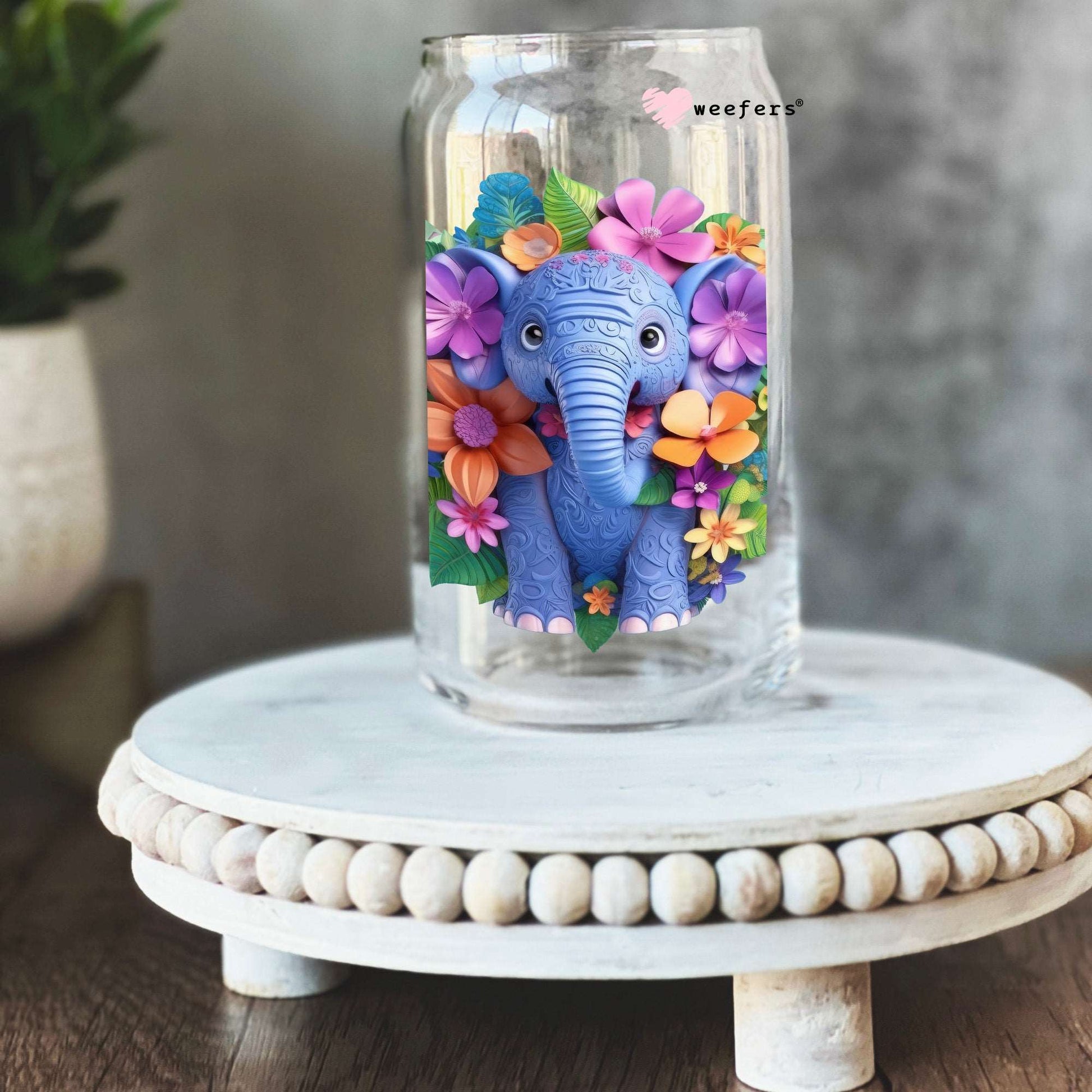 3D Elephant Floral 16oz Libbey Glass Can UV DTF or Sublimation Cup Wrap - Decal Transfer - Weefers