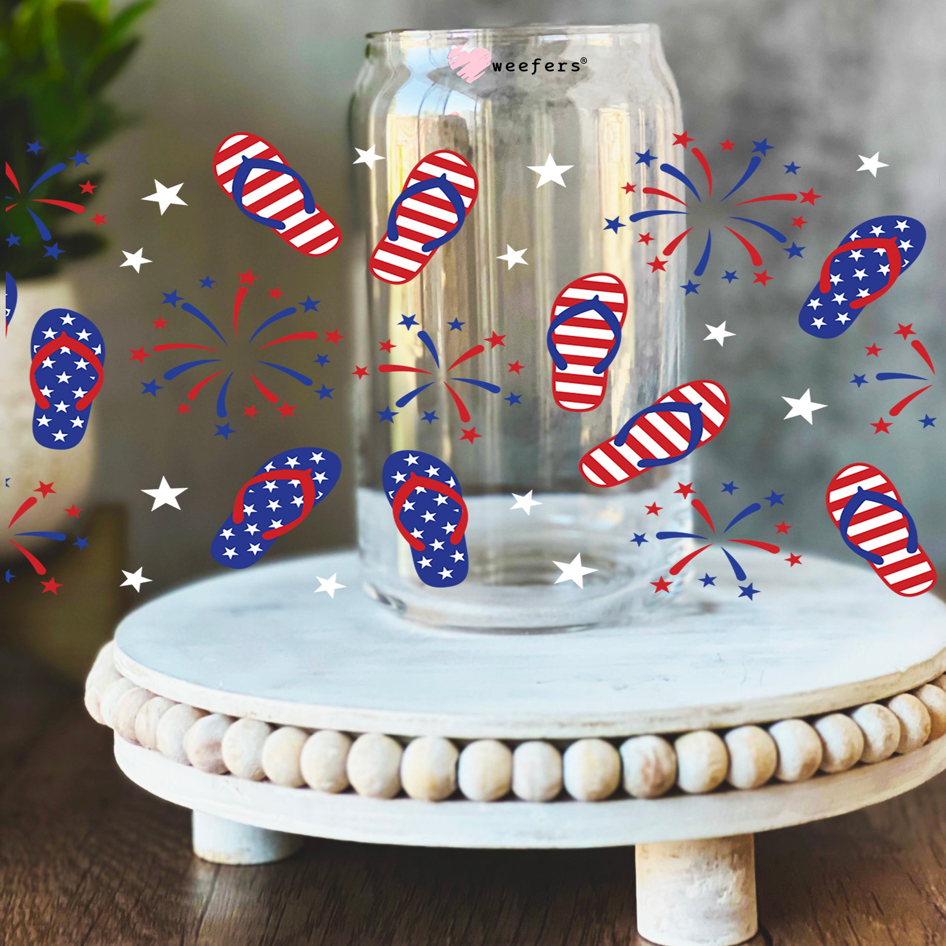 Flip Flops and Fire Works 4th of July 16oz Libbey Glass Can UV DTF or Sublimation Wrap Decal Transfer - Weefers