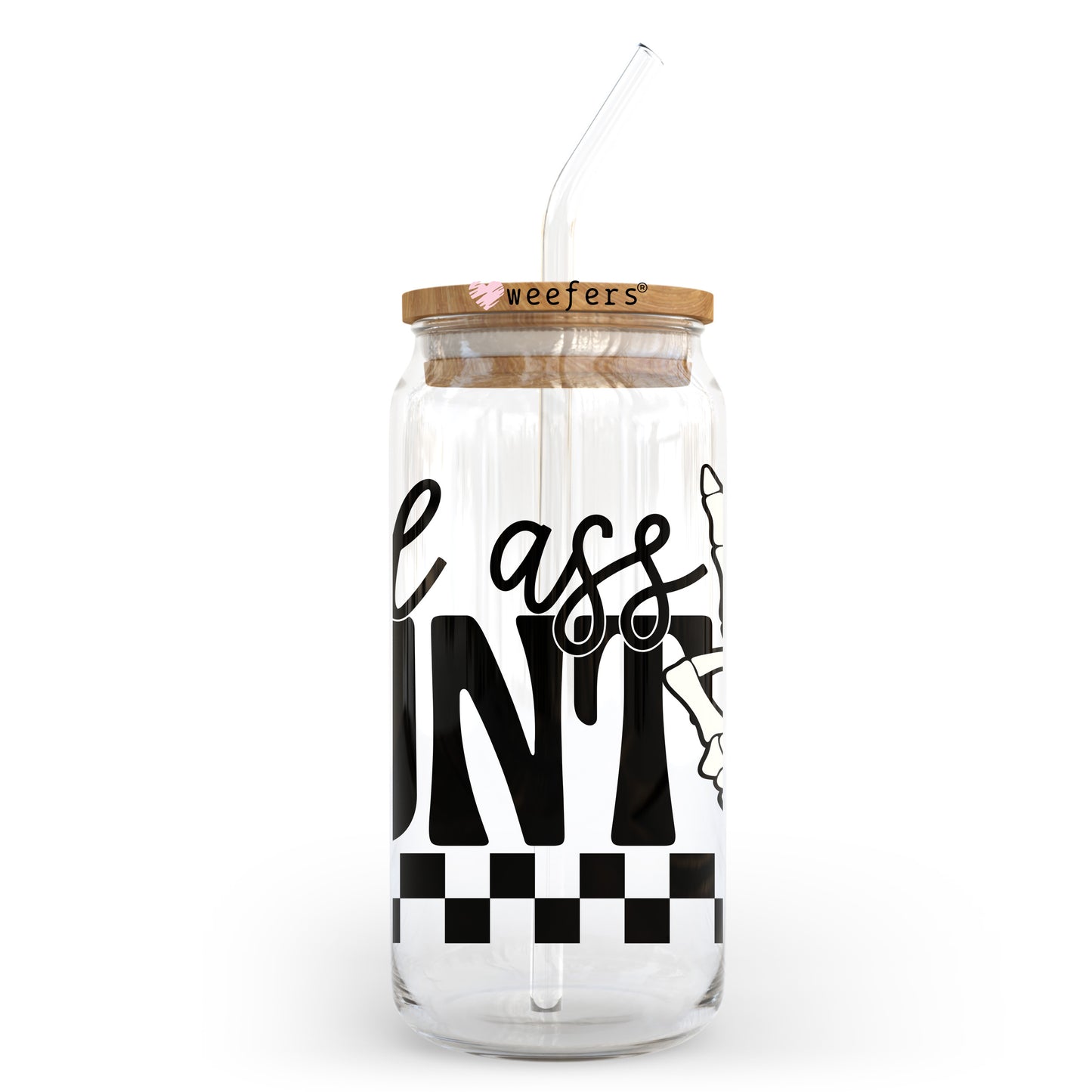 Bad Ass Auntie Black Checkered 20oz Libbey Glass Can UV DTF or Sublimation Wrap - Decal Transfer - Weefers