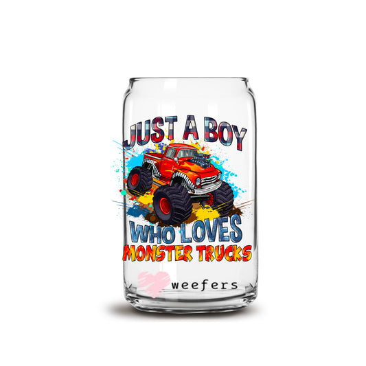 Just a Boy Who Loves Monster Trucks 16oz Libbey Glass Can UV DTF or Sublimation Decal - Transfer - Weefers