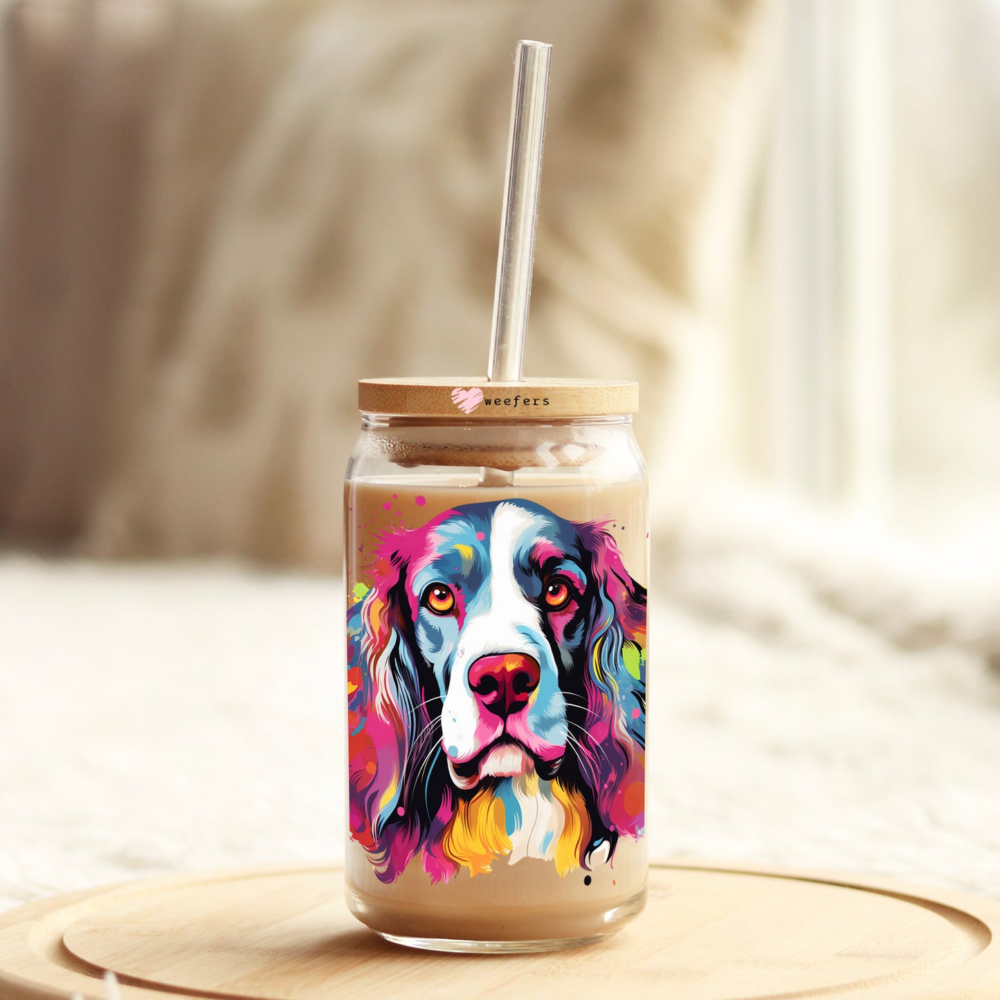 English Springer Spaniel Colorful Watercolor 16oz Libbey Glass Can UV DTF or Sublimation Wrap - Decal - Weefers