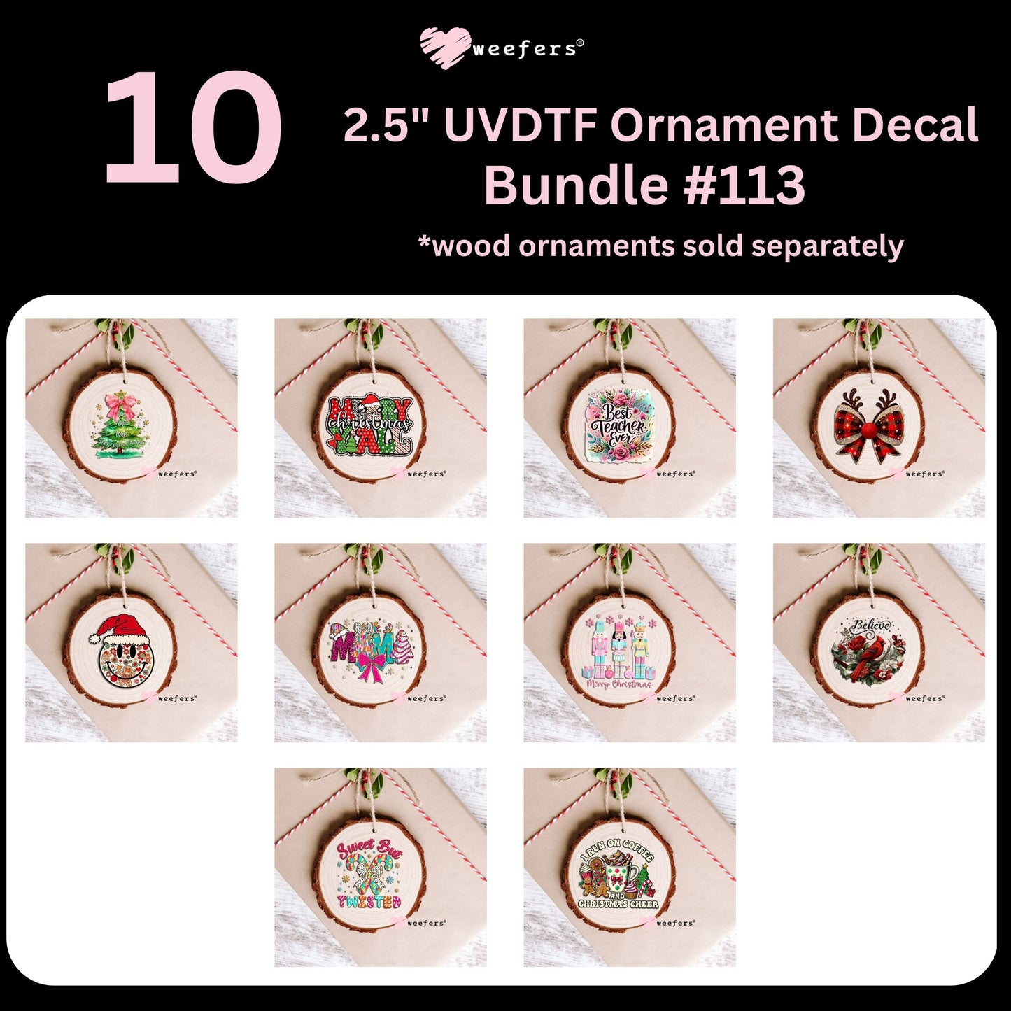 Christmas Ornament Bundle #113 UV DTF Decal Transfers Set of 10