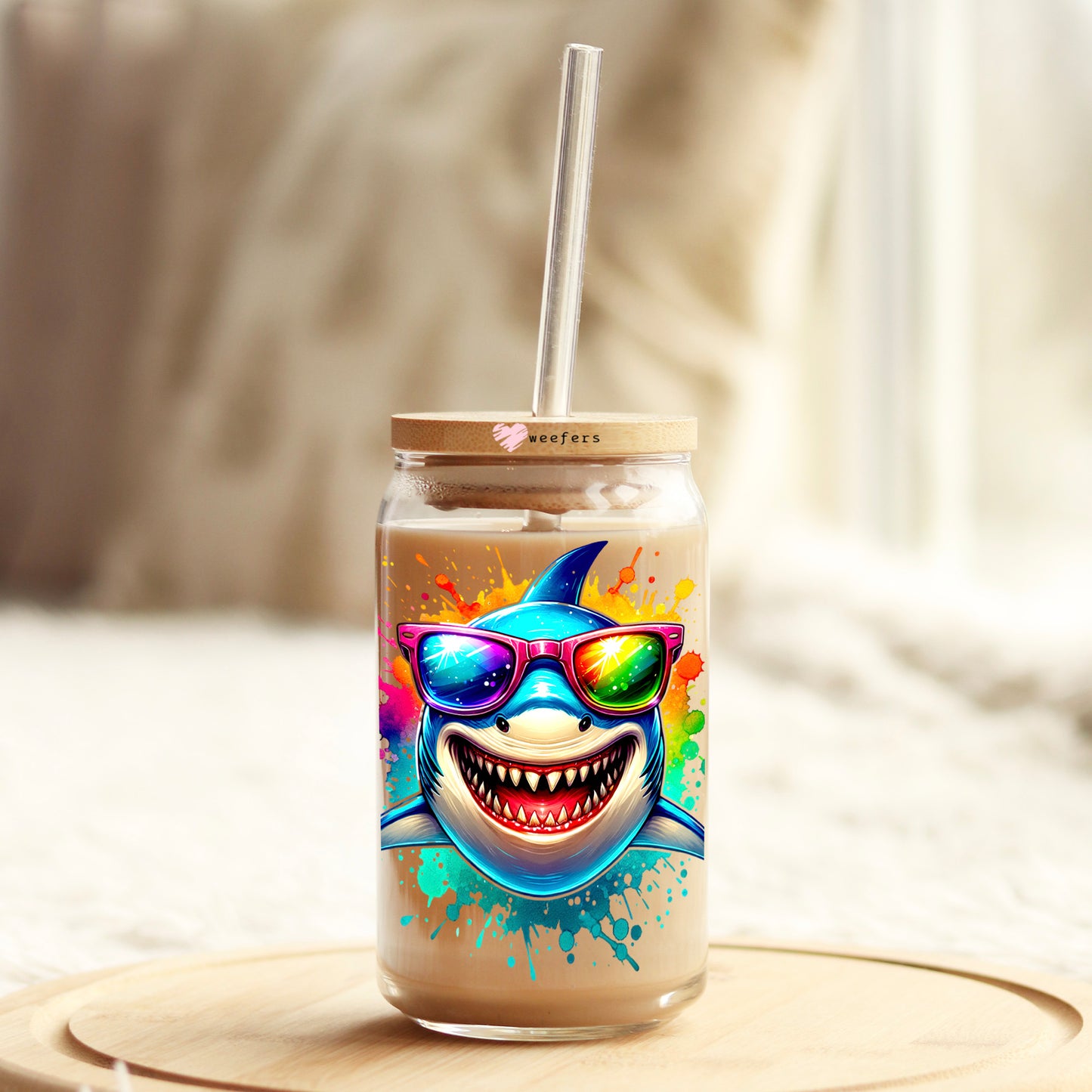 Colorful Shark 16oz Libbey Glass Can UV DTF or Sublimation Wrap - Decal Transfer - Weefers