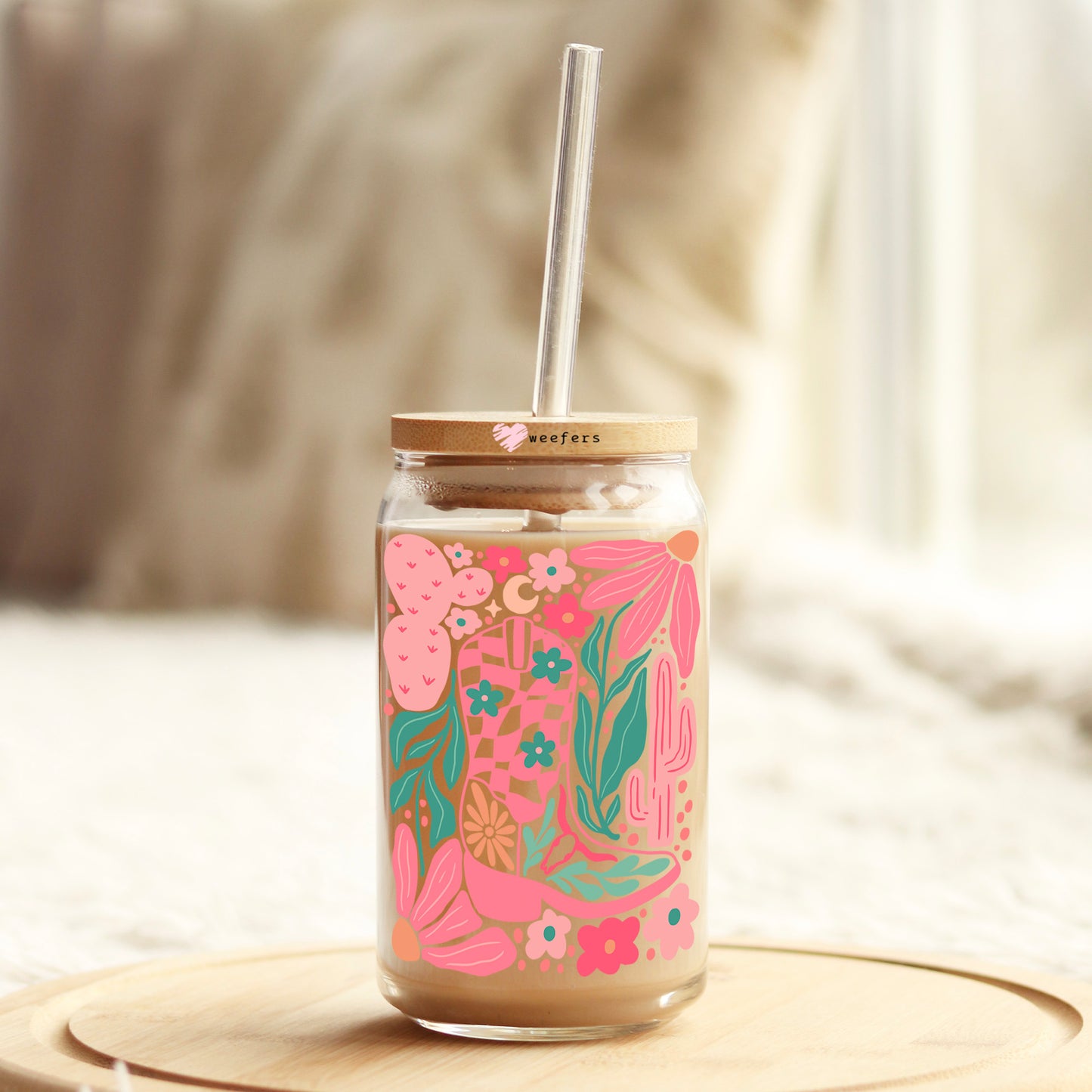 Boho Floral Cowgirl Boot Pinks 16oz Libbey Glass Can UV DTF or Sublimation Wrap Decal Transfer - Weefers