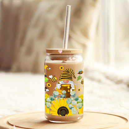 Yellow Bumble Bee Gnomes 16oz Libbey Glass Can UV DTF or Sublimation Wrap - Transfer - Weefers