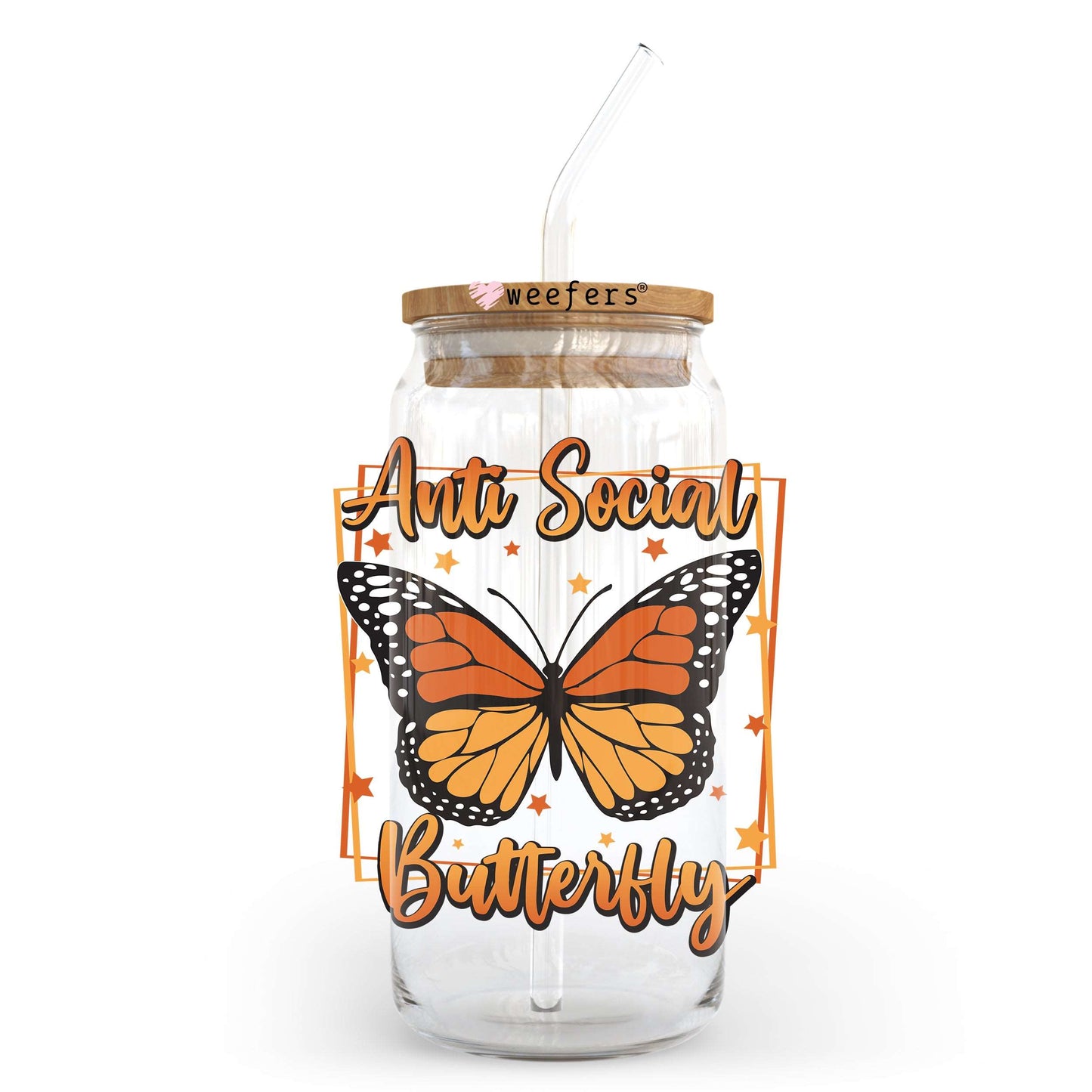 Anti Social Butterfly 20oz Libbey Glass Can UV DTF or Sublimation Wrap - Decal - Weefers