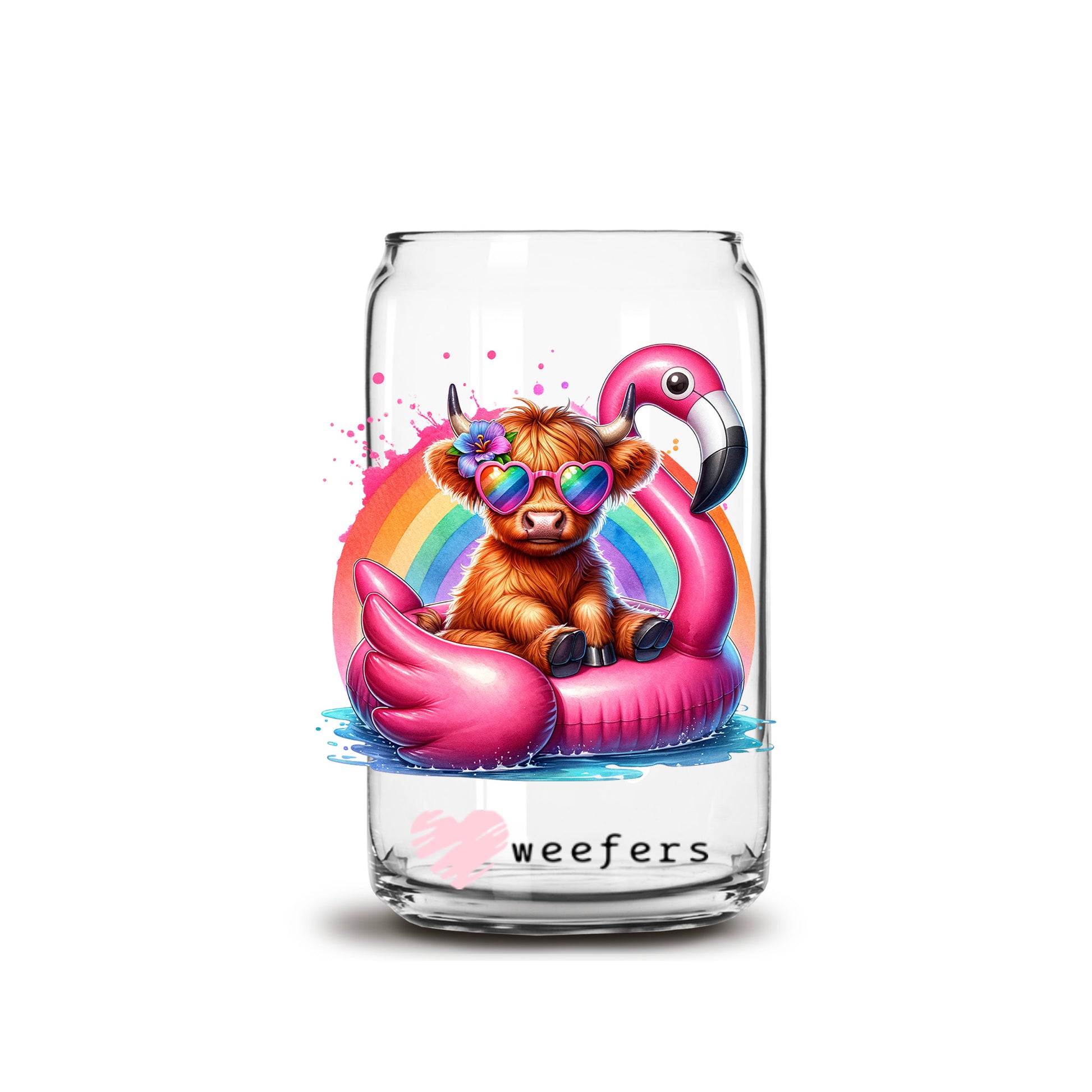 Highlander Cow Flamingo Floaty 16oz Libbey Glass Can UV DTF or Sublimation Decal - Transfer - Weefers