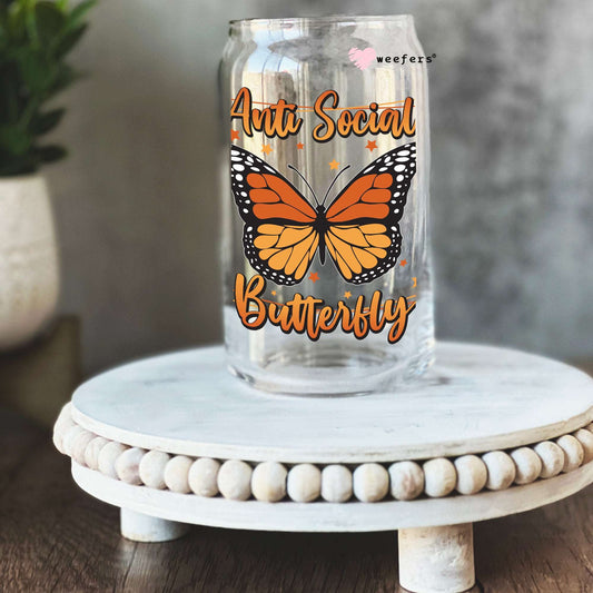 Anti Social Butterfly 16oz Libbey Glass Can UV DTF or Sublimation Cup Wrap - Decal Transfer Weefers