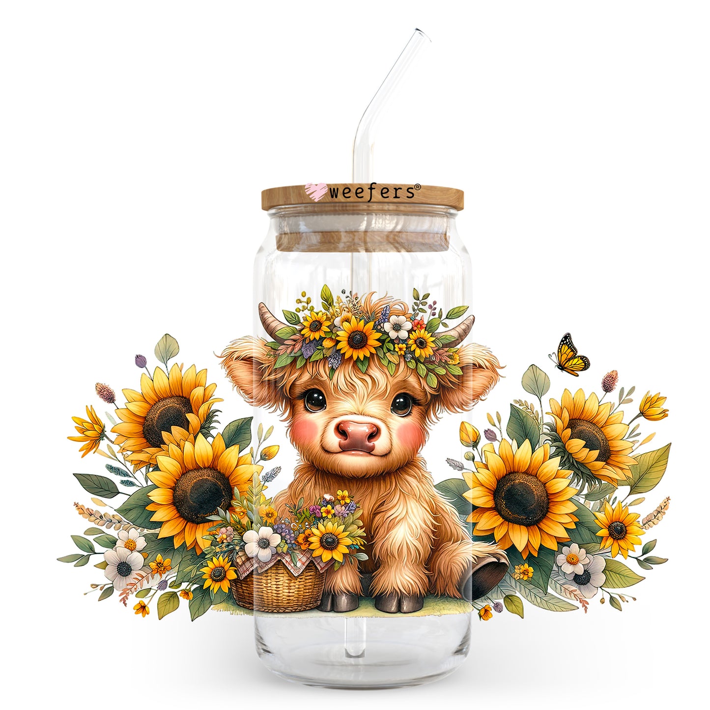 Baby Highlander Cow Sunflowers 20oz Libbey Glass Can UV DTF or Sublimation Decal Transfer - Weefers