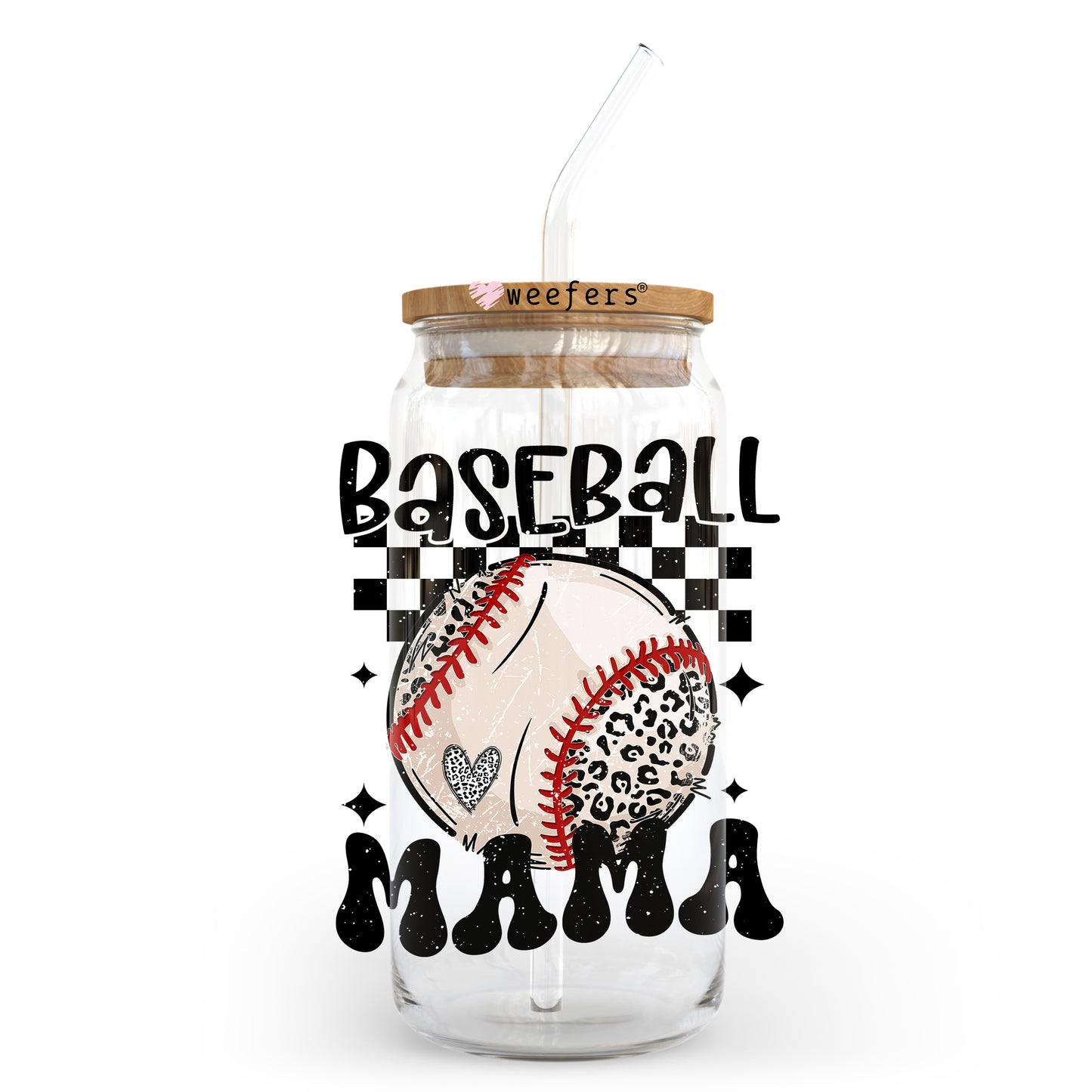 Baseball mama Checkered 20oz Libbey Glass Can UV DTF or Sublimation Wrap - Decal Transfer - Weefers