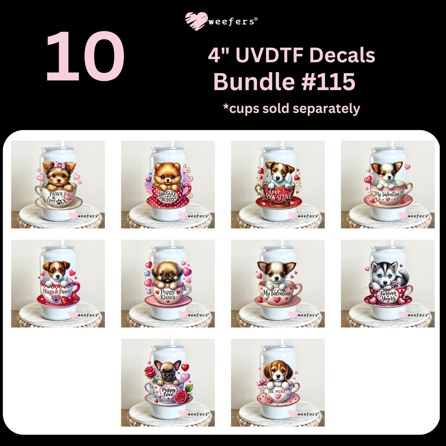 Valentine's Day Puppies 4" UV DTF Decal Bundle #115