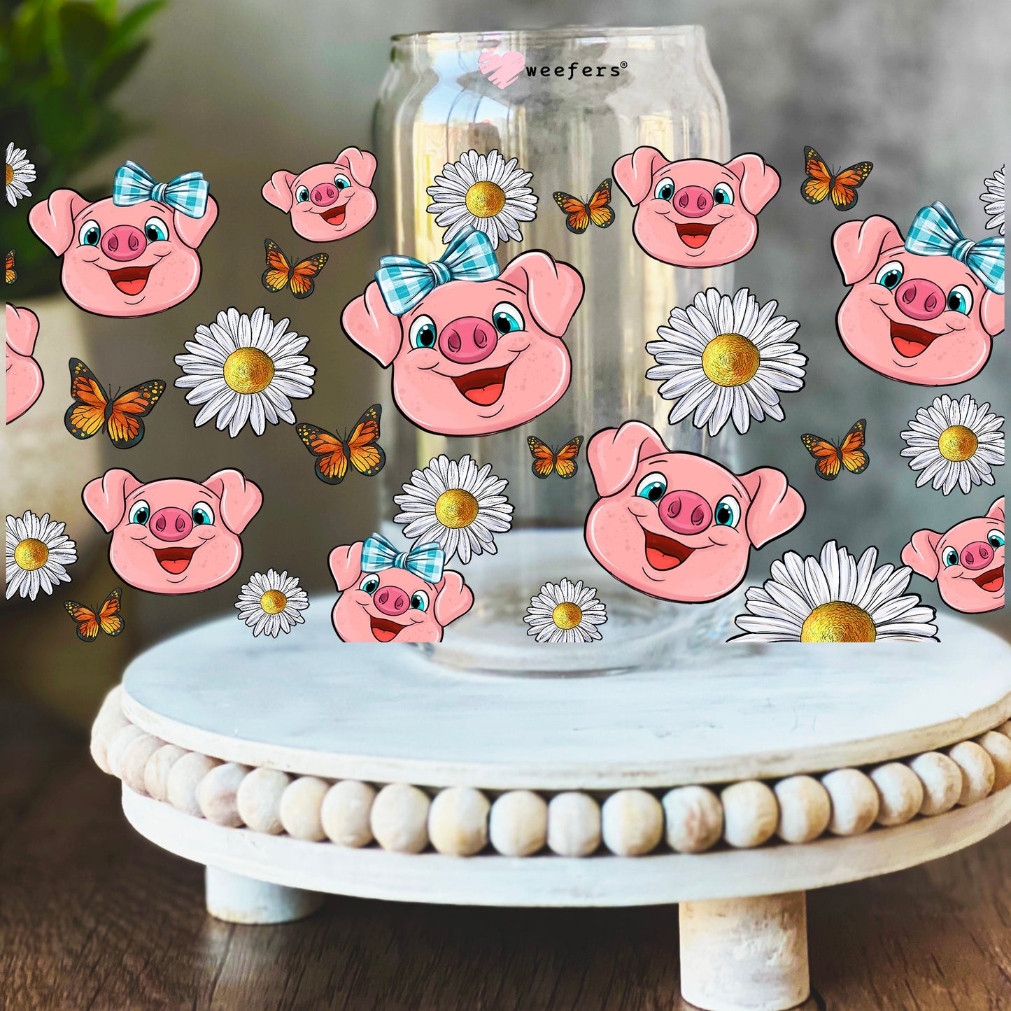 Pig faces and flowers 16oz Libbey Glass Can UV DTF Decal Transfer - Weefers