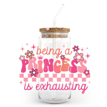 Load image into Gallery viewer, a glass jar with a straw in it that says being a princess is exhausting
