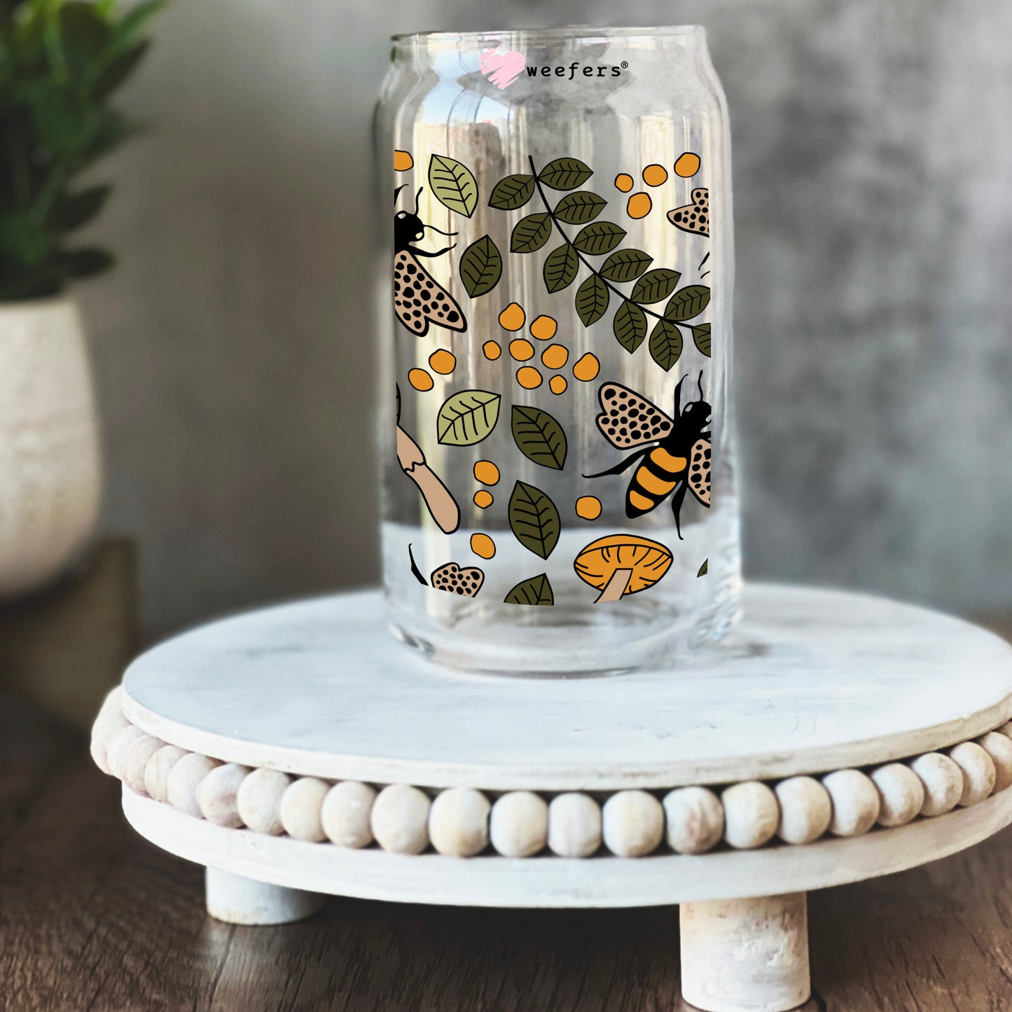 Bees and Mushrooms 16oz Libbey Glass Can UV DTF or Sublimation Wrap - Transfer - Weefers