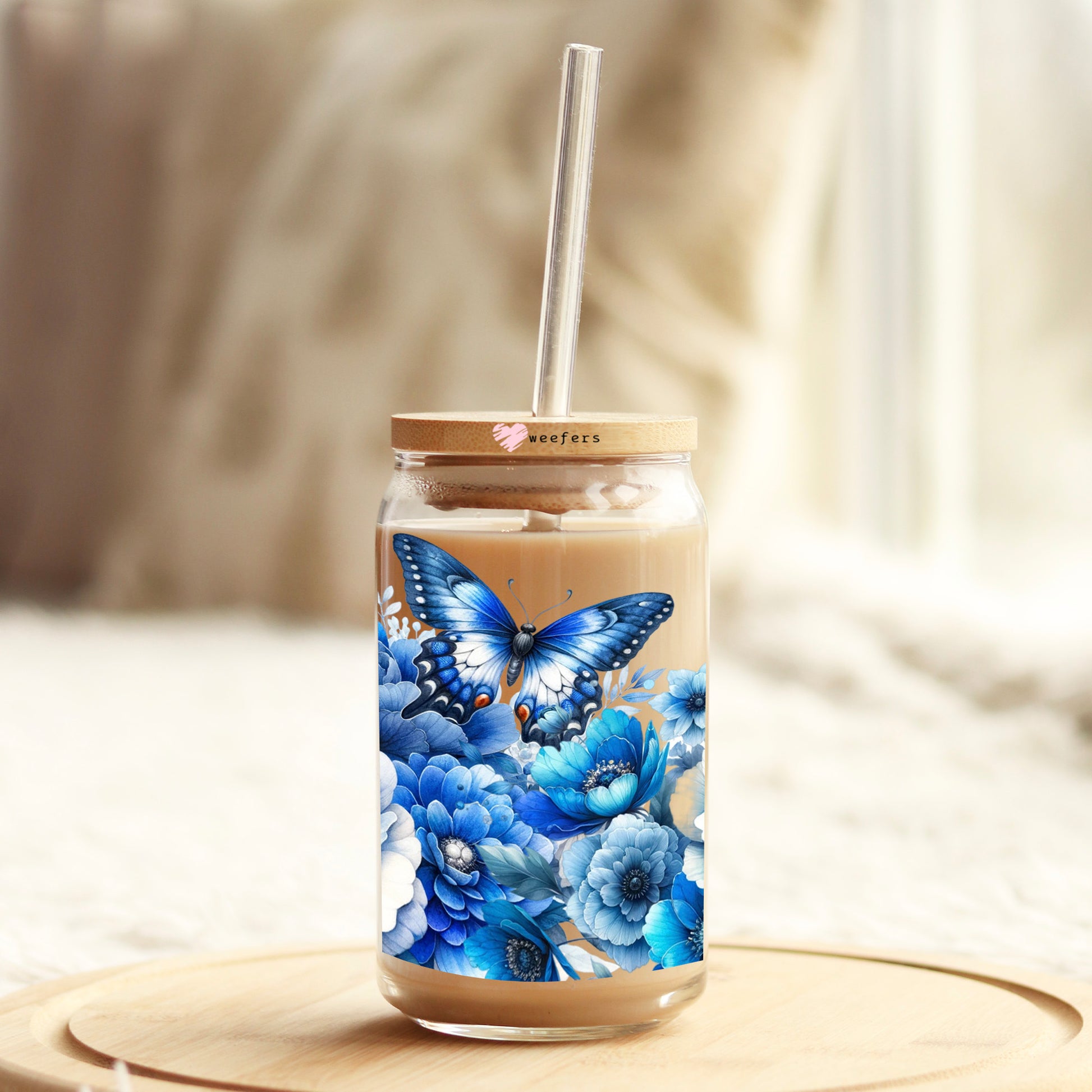 Blue Flowers and Butterflies 16oz Libbey Glass Can UV DTF or Sublimation Wrap Decal Transfer - Weefers