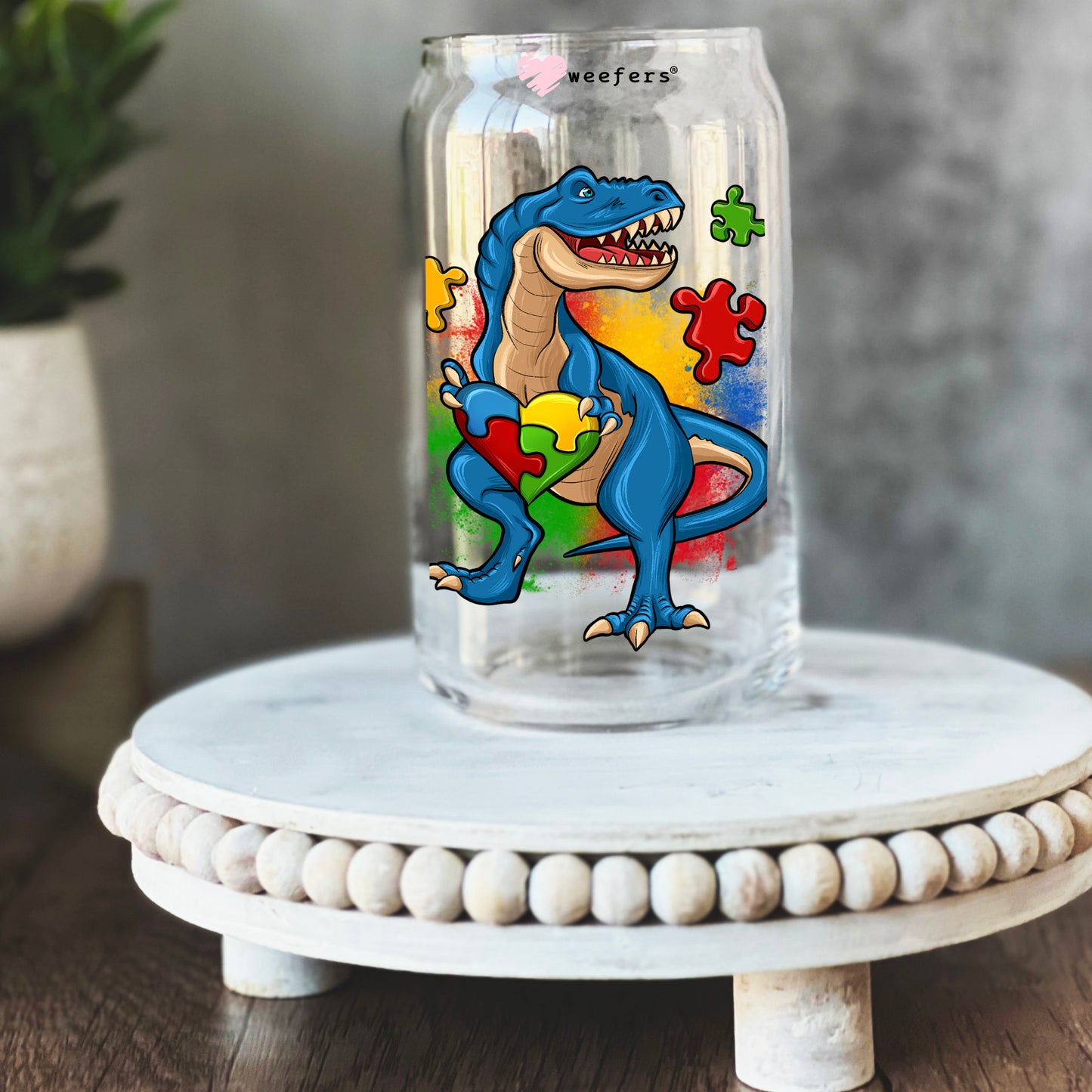 Autism Awareness T-Rex 16oz Libbey Glass Can UV DTF or Sublimation Wrap - Decal Transfers - Weefers