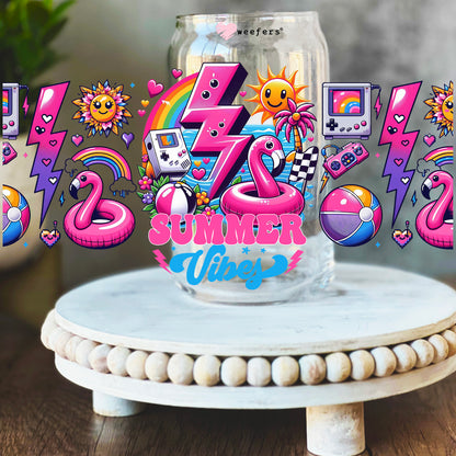 Pink Summer Vibes 80's 16oz Libbey Glass Can UV DTF or Sublimation Wrap Decal Transfer - Weefers