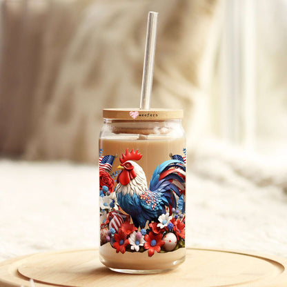 3D Rooster Floral 16oz Libbey Glass Can UV DTF or Sublimation Cup Wrap - Decal Transfer - Weefers