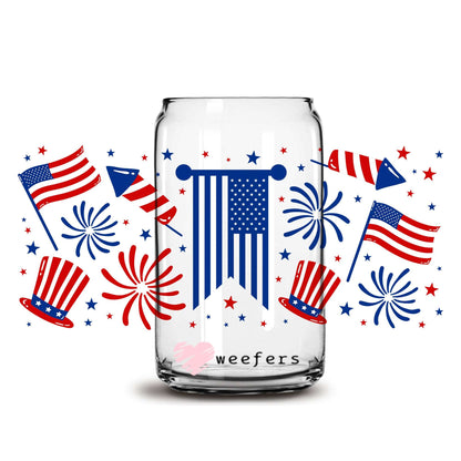 4th of July USA Flags 16oz Libbey Glass Can UV DTF or Sublimation Wrap - Decal - Weefers