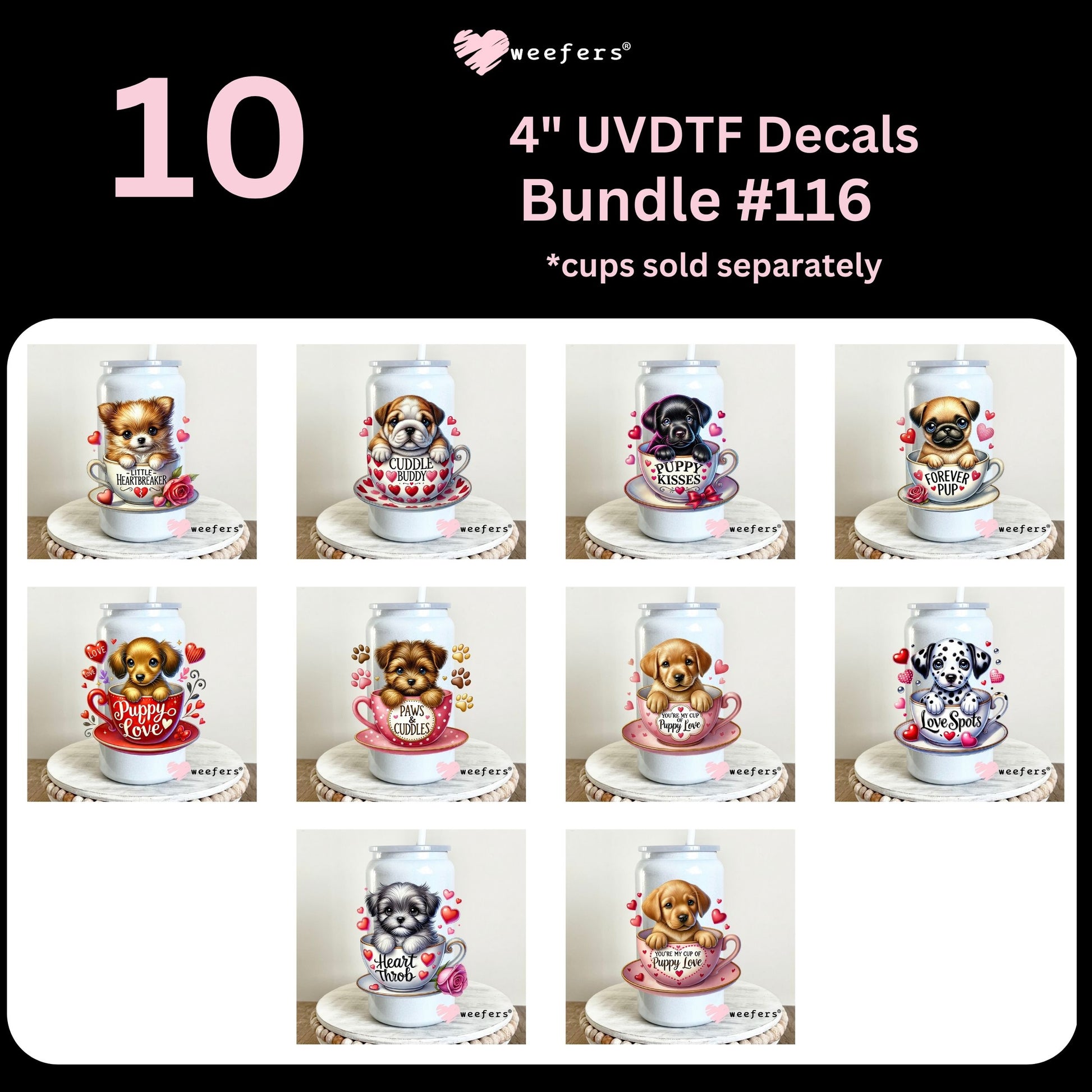 Valentine's Day Puppies 4" UV DTF Decal Bundle #116 - Weefers